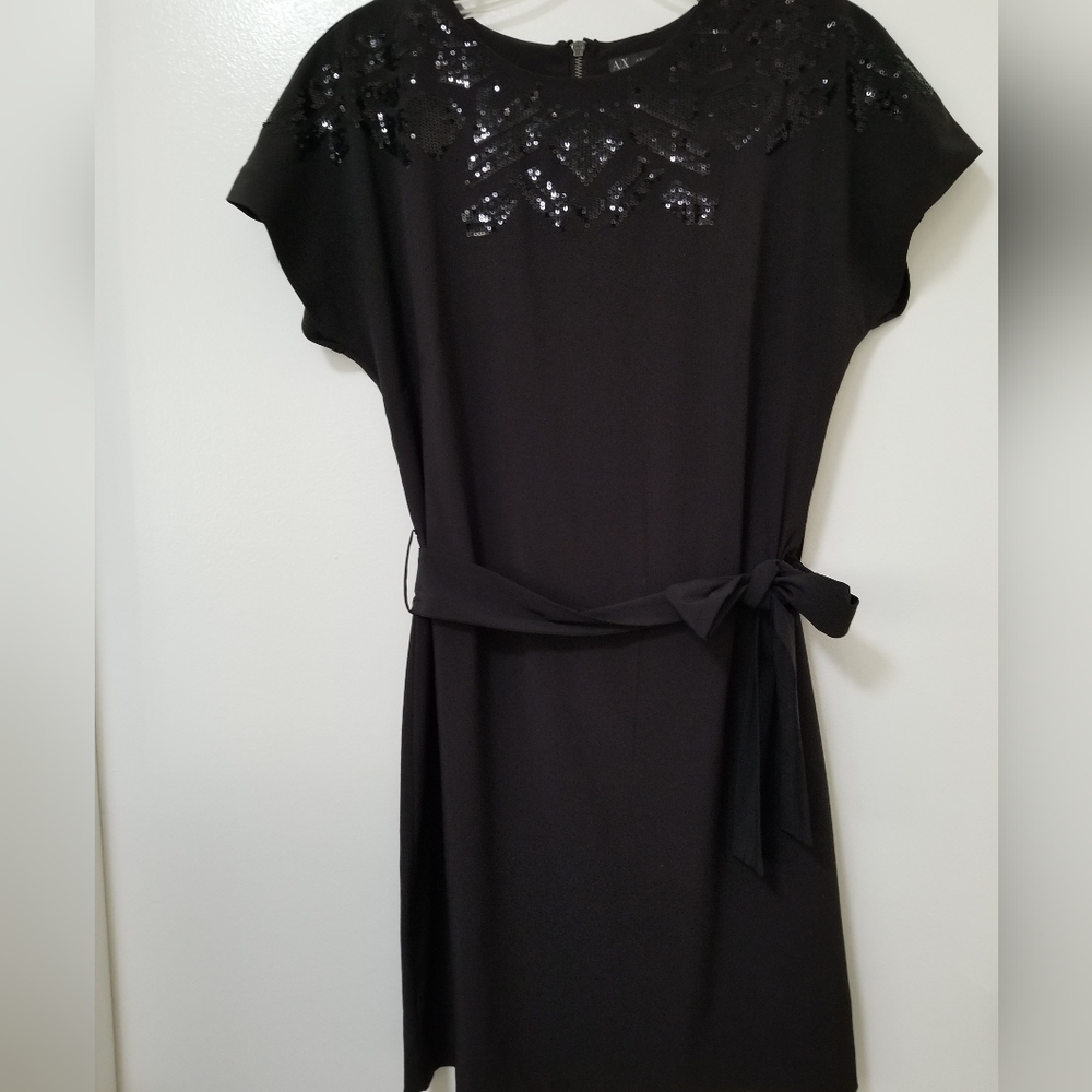 Armani Exchange Black Shift Mini Dress Womens Sz 0 Sequin Neckline Short Sleeve